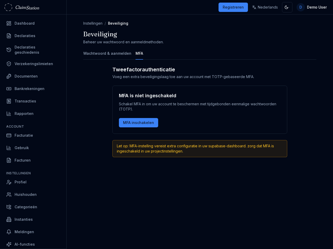 ClaimStation Settings Security MFA